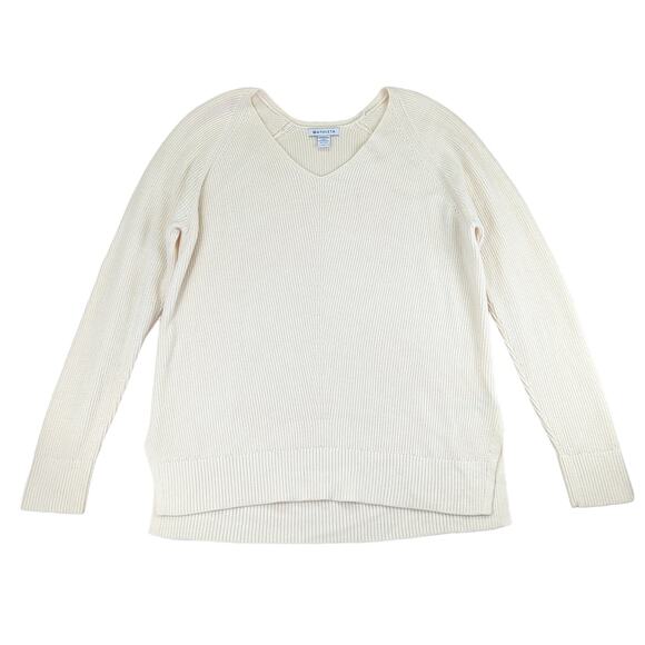 Athleta Hanover Refined V-neck Sweater Side Slit Cream Knit Ribbed Medium 882541 - Picture 1 of 10